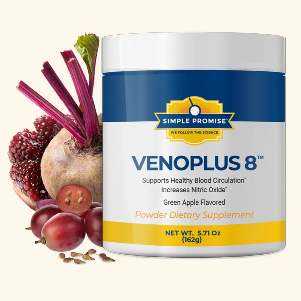 VenoPlus 8 powder jar with beetroot, pomegranate and grape seed ingredients