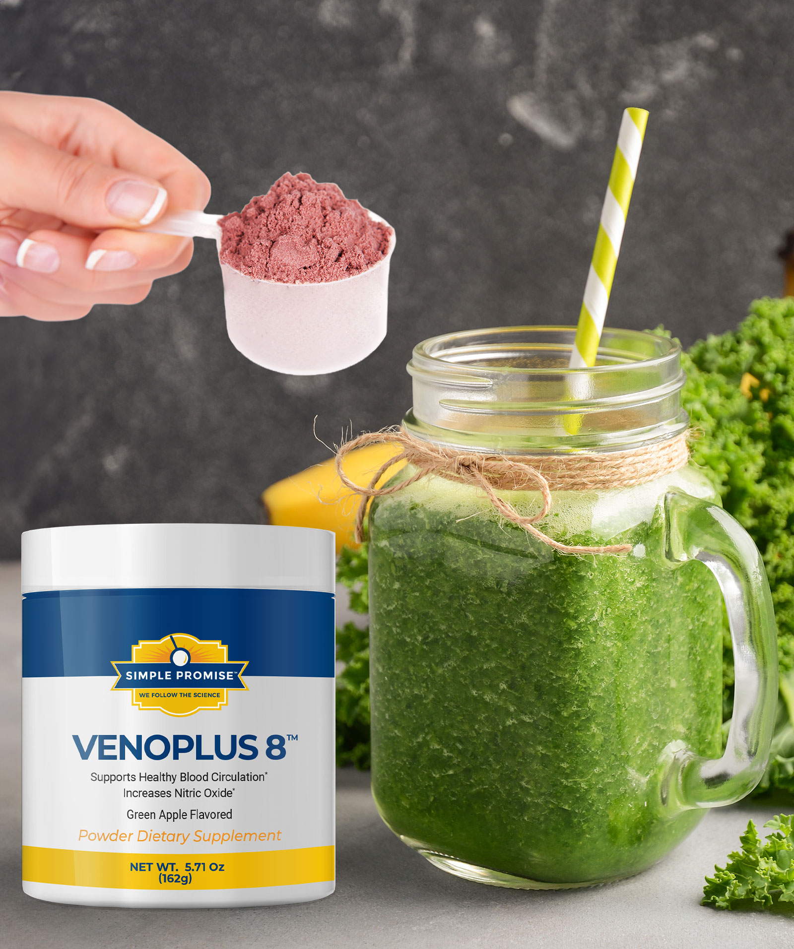 VenoPlus 8 powder being scooped into a glass with green smoothie and fresh ingredients